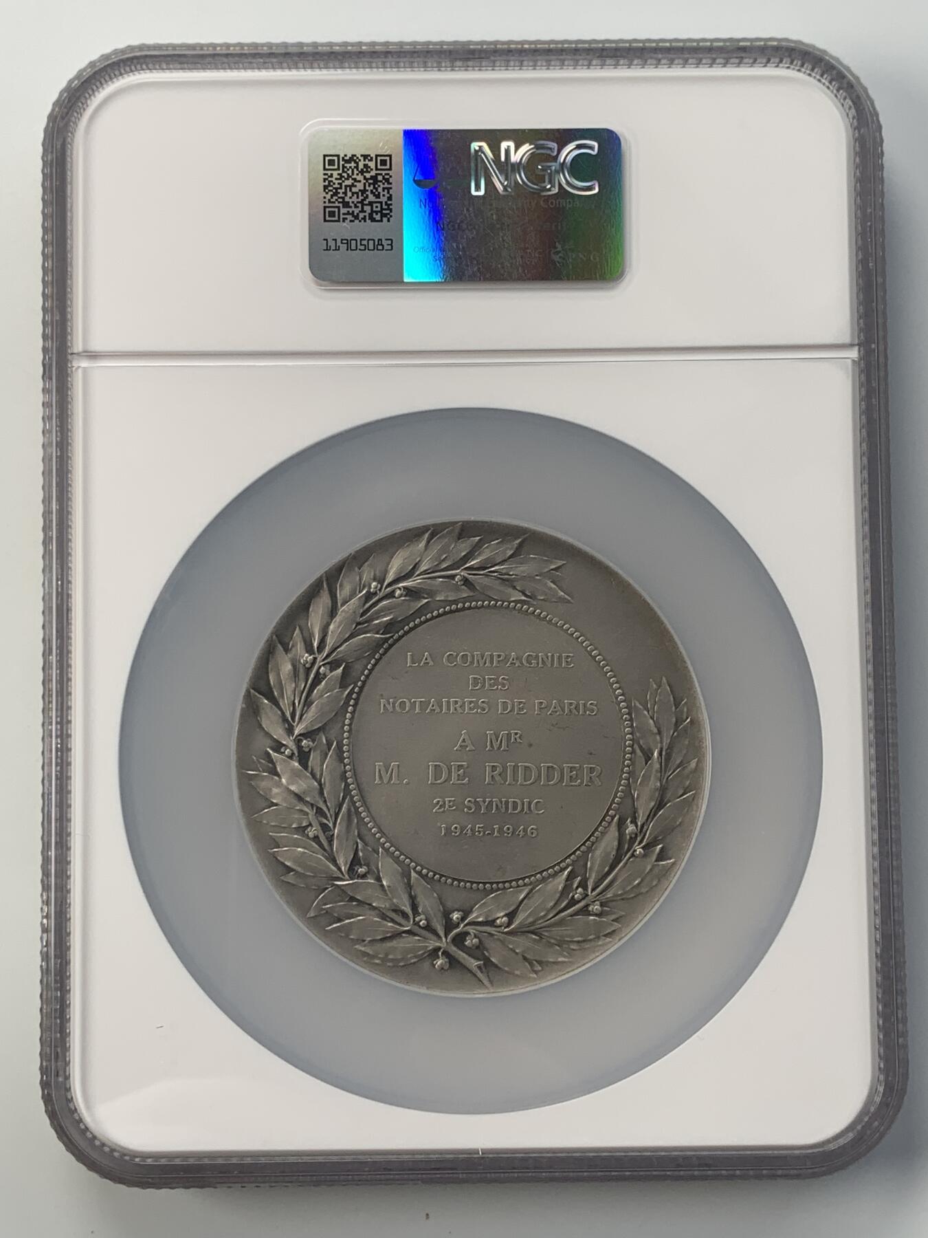 掌中浮雕-藏着的欧洲第051场 NGC MS63 : 1946年法国巴黎票据公司银章，68mm，大师沙普兰作品