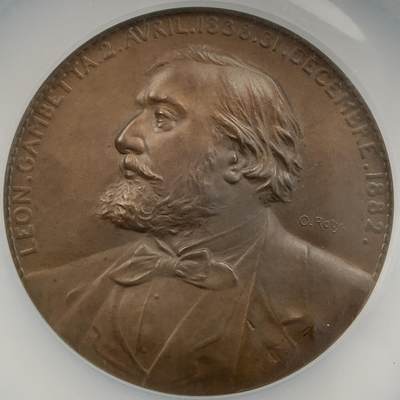 掌中浮雕-藏着的欧洲第051场 - NGC MS64 : 1882年法国政治家莱昂·甘必大（Léon Gambetta）逝世纪念铜章，69mm，大师罗蒂作品