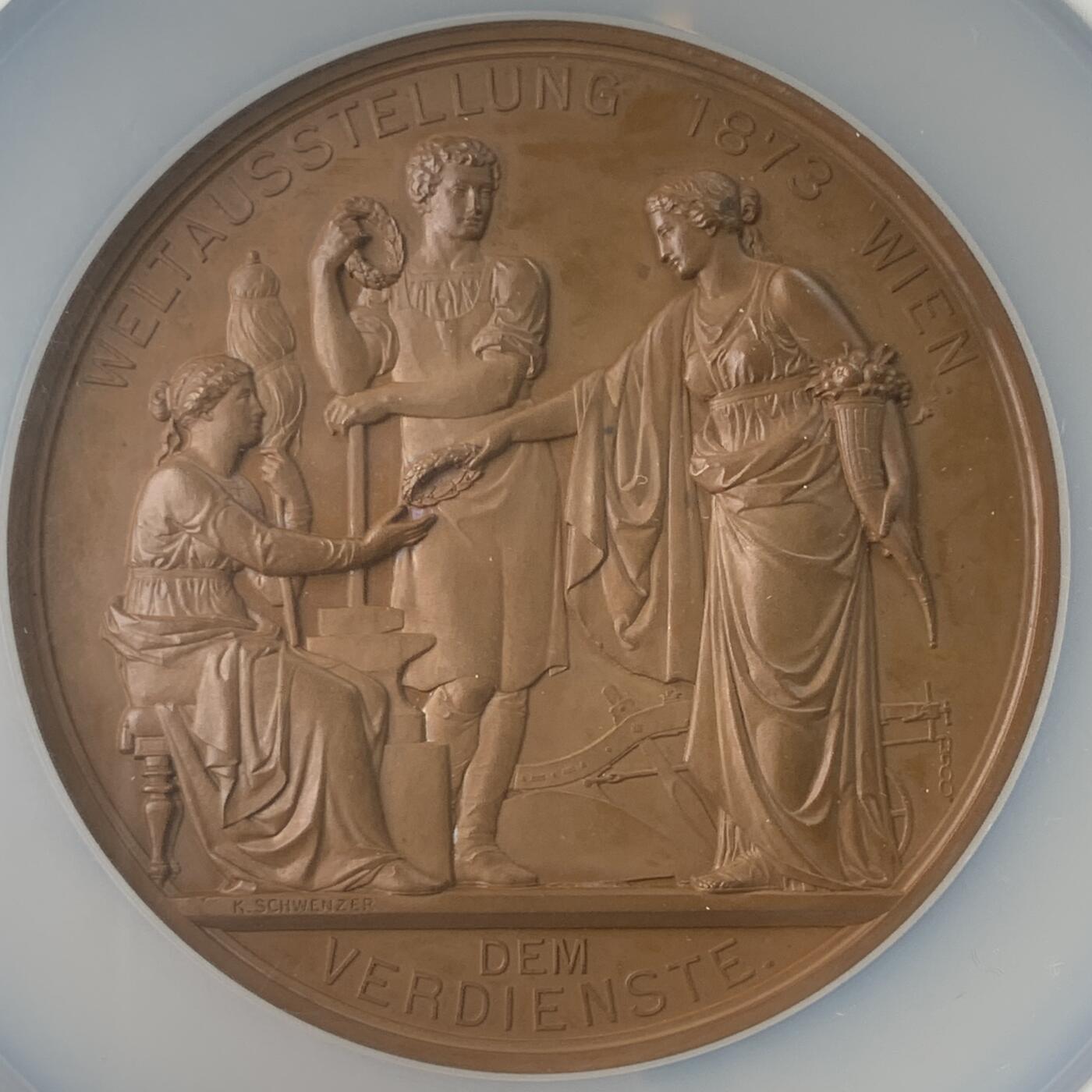 掌中浮雕-藏着的欧洲第051场 NGC MS64 : 1873年奥地利维也纳世界博览会纪念大铜章，70mm，奥地利著名章牌雕刻家约瑟夫.托藤海因（Josef Tautenhayn）作品