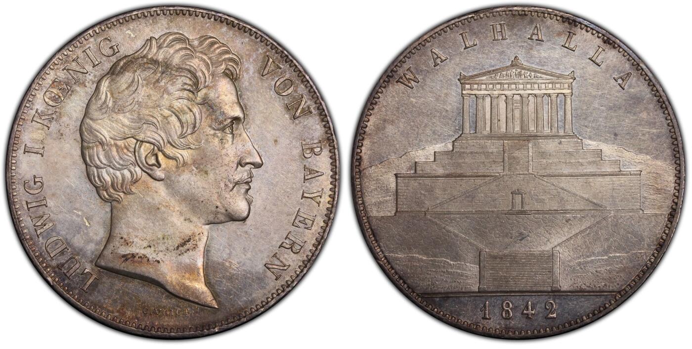 万国钱币拍卖第059期 PCGS MS62 1842年德国巴伐利亚路德维希一世瓦尔哈拉圣殿落成历史2泰勒 历史泰勒名品之一 德国最伟大的死亡圣殿·英灵殿·瓦尔哈拉 全德国最伟大人物的归宿之殿堂 原味淡金彩全深打 好品越来越难的历史2t系列