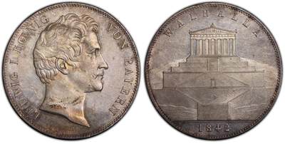 万国钱币拍卖第059期 - PCGS MS62 1842年德国巴伐利亚路德维希一世瓦尔哈拉圣殿落成历史2泰勒 历史泰勒名品之一 德国最伟大的死亡圣殿·英灵殿·瓦尔哈拉 全德国最伟大人物的归宿之殿堂 原味淡金彩全深打 好品越来越难的历史2t系列