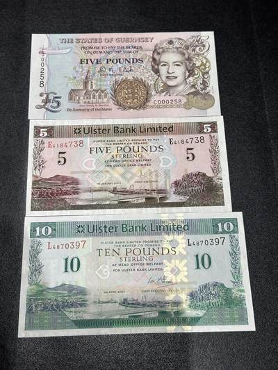《外钞收藏家》第六百零五期（精选场）（本平台长期征集拍品、欢迎藏友们联系合作） - 泽西5镑 百位号258+北爱尔兰5和10镑2张 一起 全新UNC
