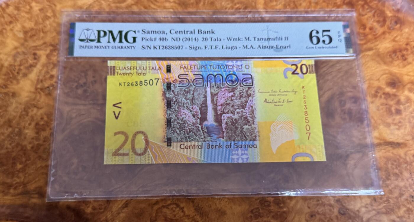 得物收藏 Chase Auction 第35期 - - 外钞、银元、民国钞和人民币混合场！持续更新中！ 2014年萨摩亚20塔拉，世界最佳纸币，PMG65！