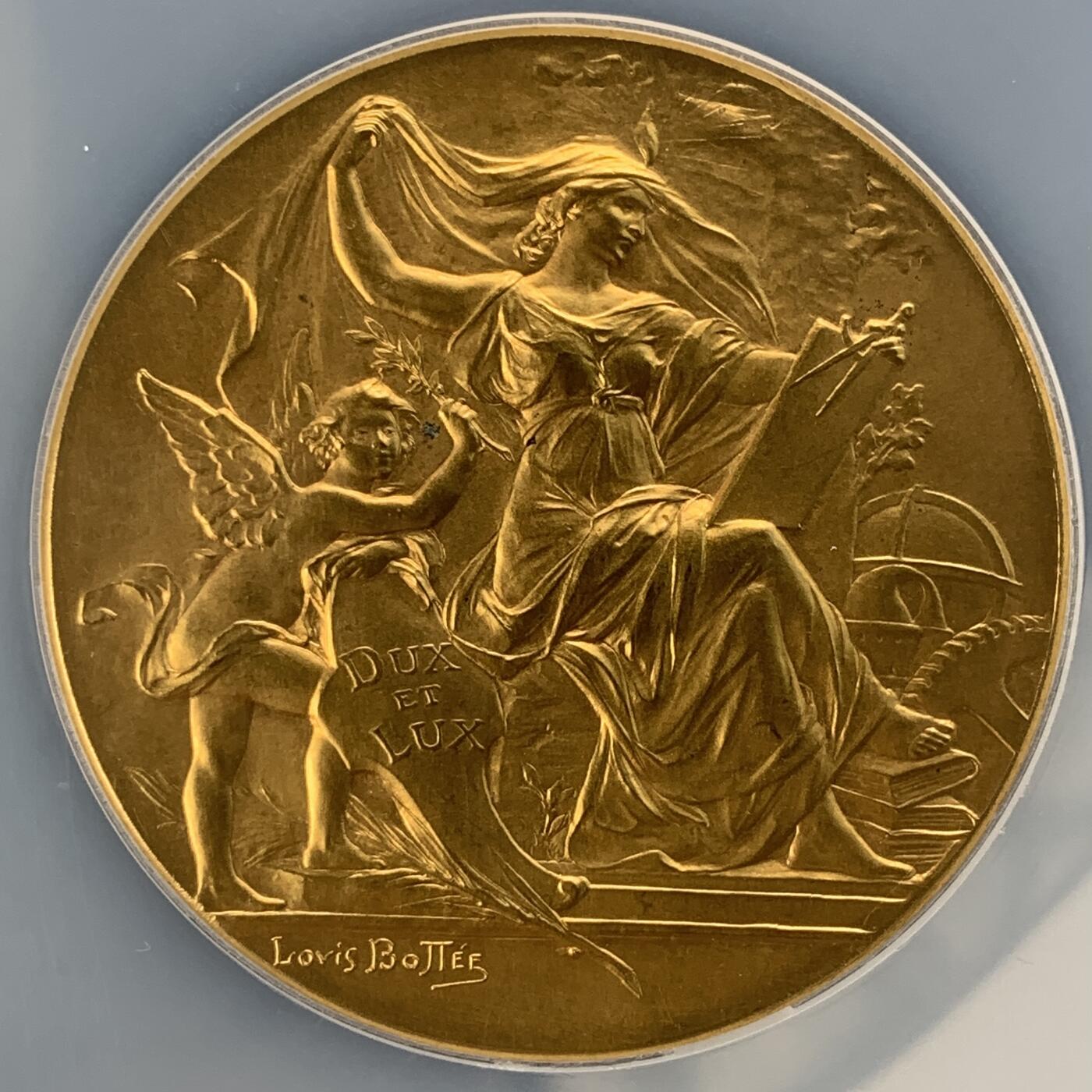 掌中浮雕-藏着的欧洲第051场 NGC MS64 : 1898年法国向科学致敬镀金铜奖章，51mm