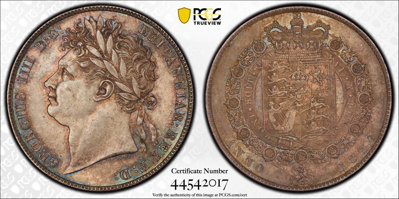 万国钱币拍卖第059期 PCGS MS64 1824年英国乔治四世嘉德1/2克朗银币 乔四流通半克朗中难度最大的一款 原味英式天鹅绒幻彩 丝绸转光底板 非常原始的状态 PC唯二冠军分 可遇不可求的典藏品质
