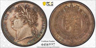 万国钱币拍卖第059期 - PCGS MS64 1824年英国乔治四世嘉德1/2克朗银币 乔四流通半克朗中难度最大的一款 原味英式天鹅绒幻彩 丝绸转光底板 非常原始的状态 PC唯二冠军分 可遇不可求的典藏品质