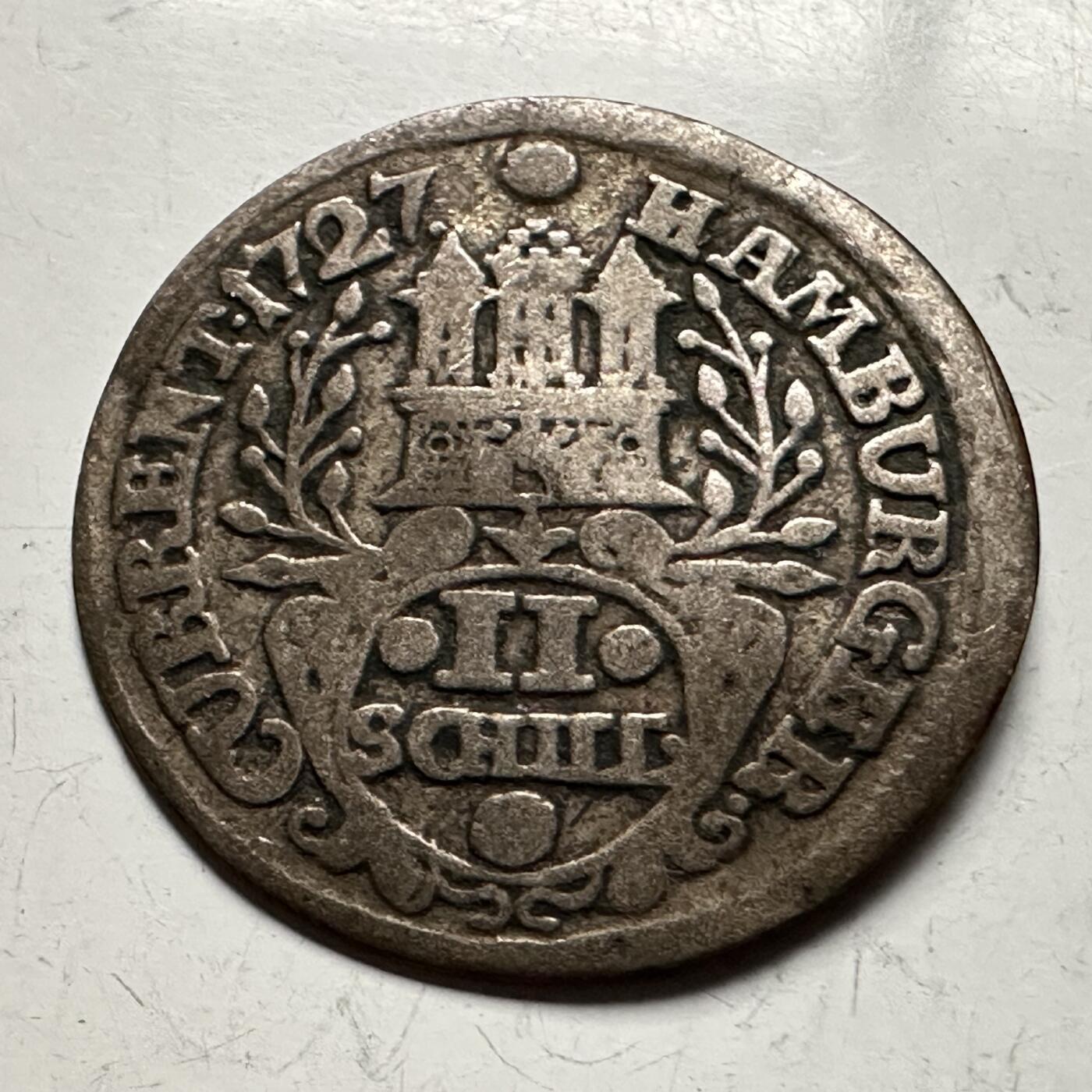 🌹外币初藏🌹🐯2026年第13场  每周二四六晚8️⃣点 接代拍 神罗时期德国汉堡自由市1727年2先令银币  约21毫米 1.5克