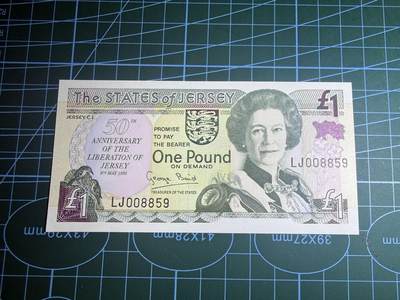 【炜奕收藏】，第五十八期，英属第三场 - 1995年泽西岛1镑纪念钞，UNC品相，号码无347千位号