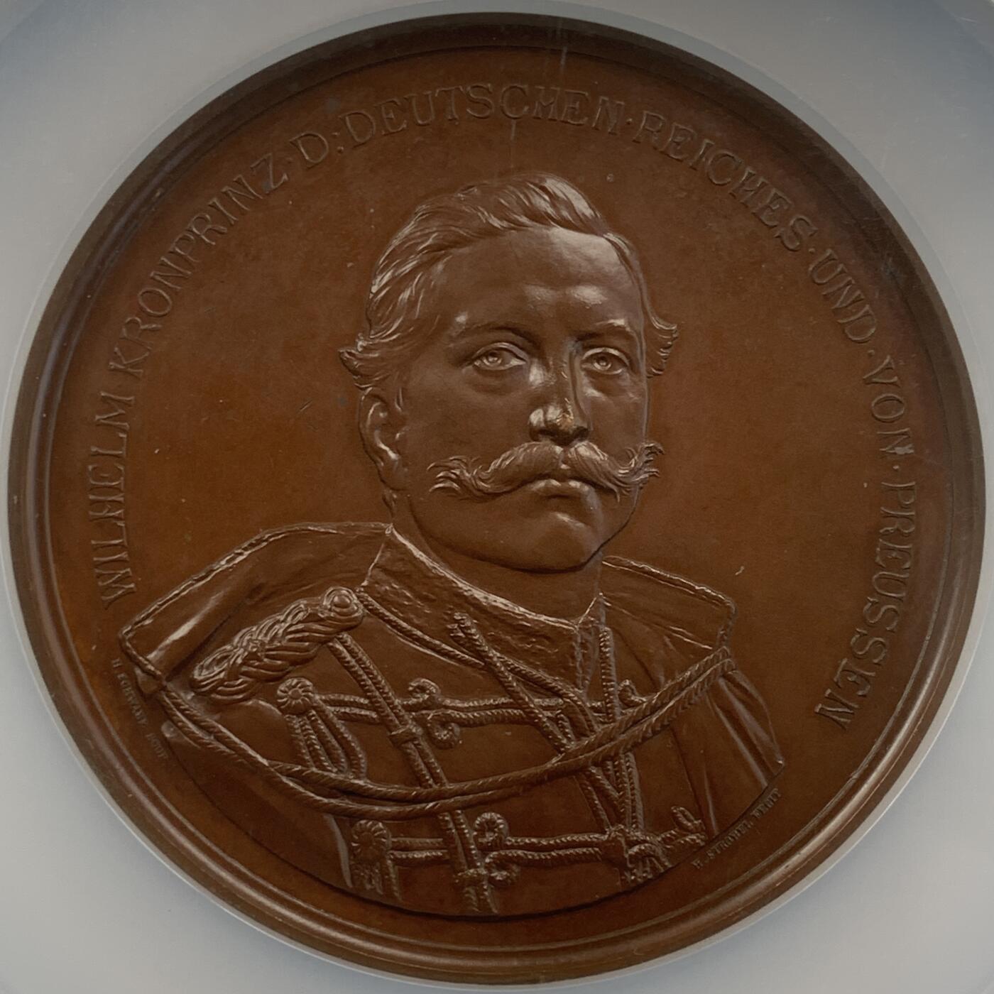 掌中浮雕-藏着的欧洲第051场 NGC MS63 ：1888年德皇弗立德里希三世立威廉二世为王储铜章，70mm