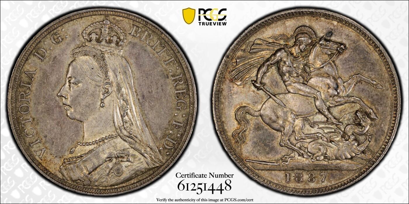 万国钱币拍卖第059期 PCGS AU58 1887年英国维多利亚女皇高冠马剑克朗  浮雕感圣乔治屠龙 原味淡彩状态舒适