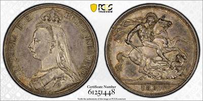 万国钱币拍卖第059期 - PCGS AU58 1887年英国维多利亚女皇高冠马剑克朗  浮雕感圣乔治屠龙 原味淡彩状态舒适