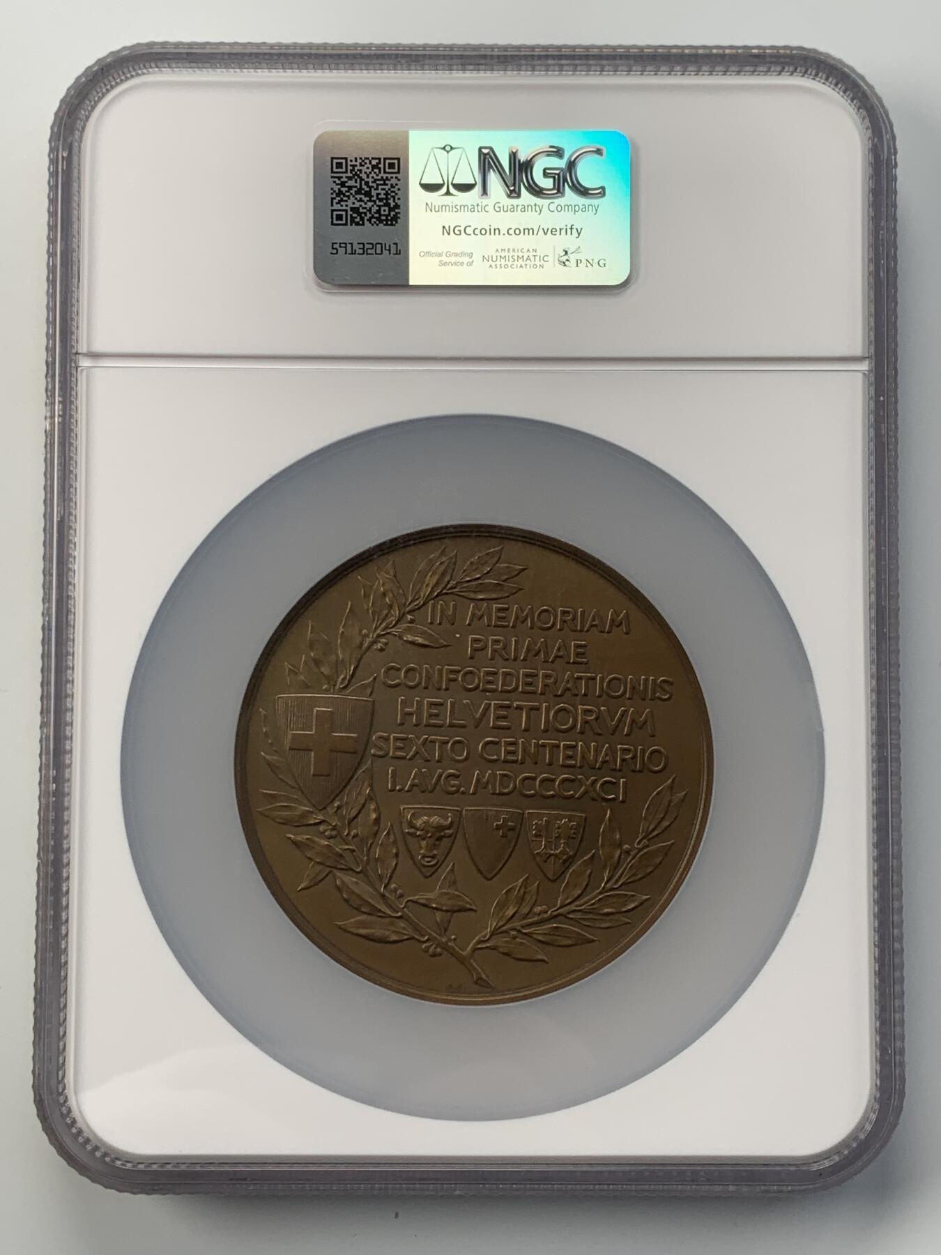 掌中浮雕-藏着的欧洲第051场 NGC MS63 : 1891年瑞士联邦600周年纪念大铜章 ，69mm，A.Dubois作品