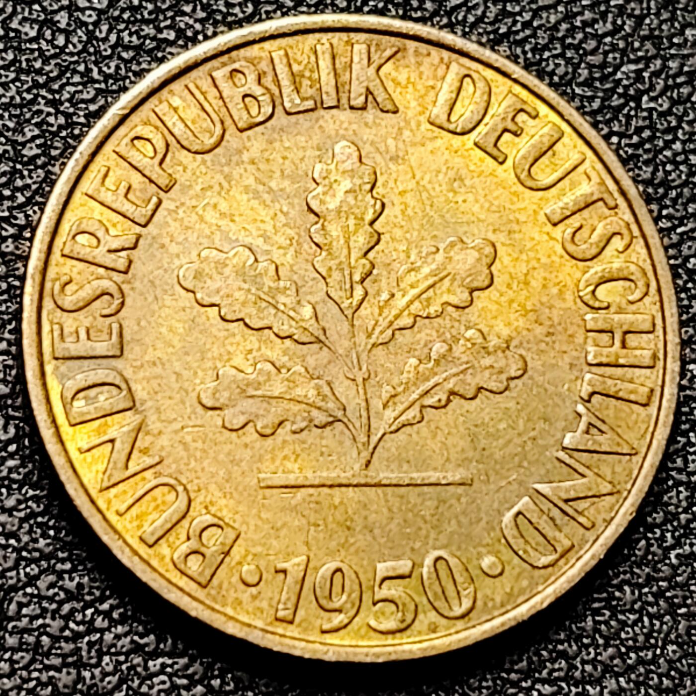 泉币菌-第176场- 精品福利场 联邦德国1950年 10芬尼硬币 橡树麦穗  银行版 21.5mm