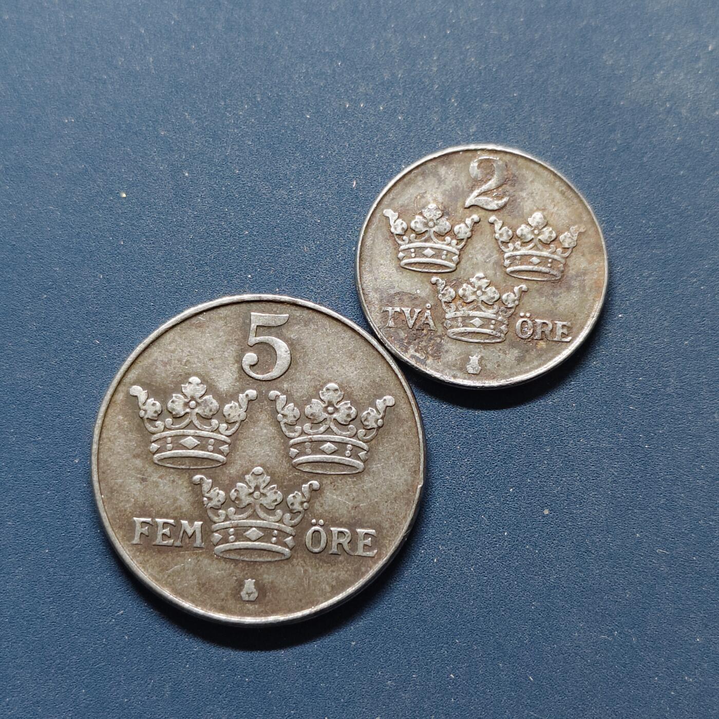 【全场包邮】纯粹捡漏拍498场-持续更新中 瑞典1946-1947年2/5欧尔铁币2枚一组