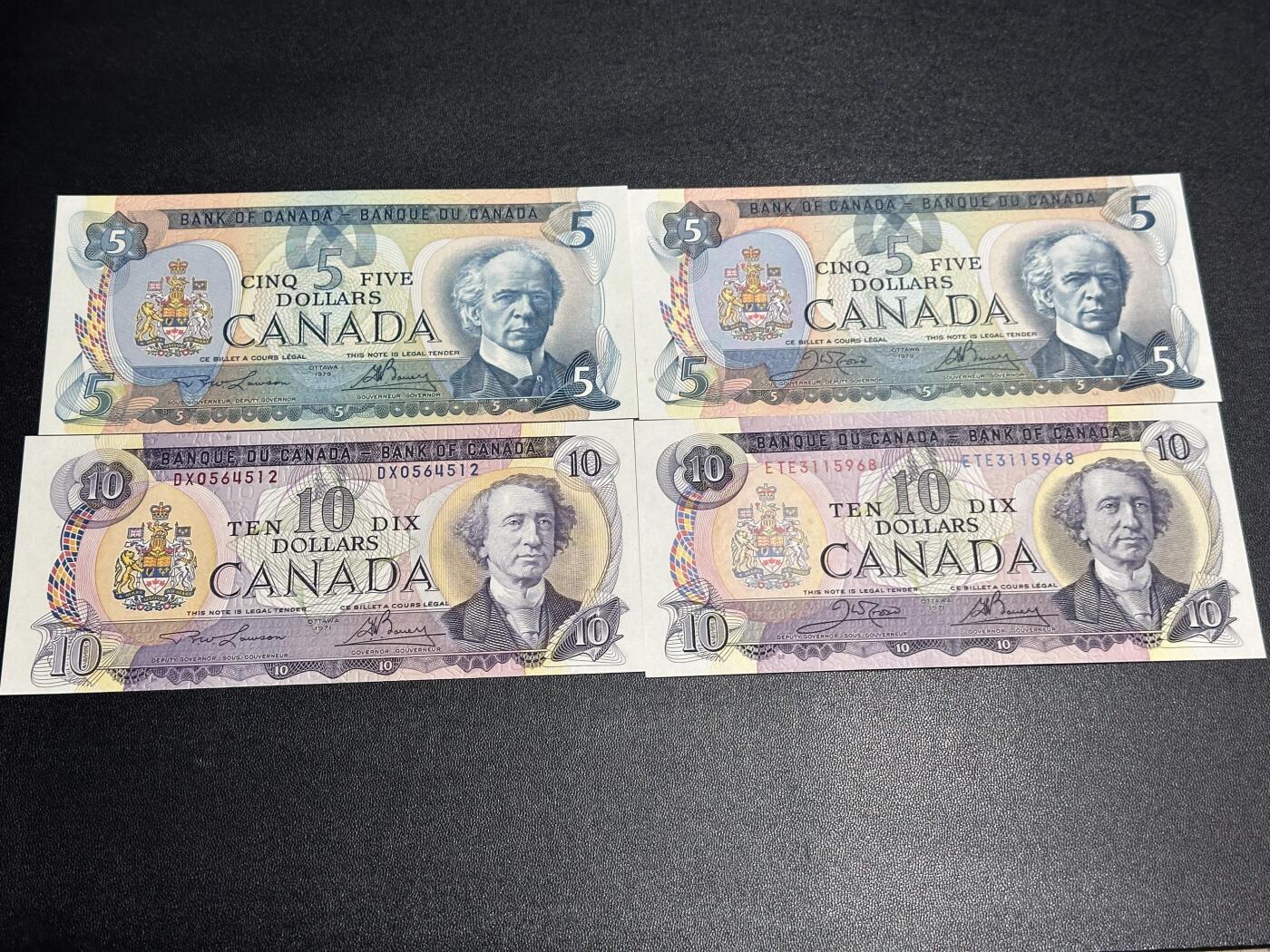 《外钞收藏家》第六百零五期（精选场）（本平台长期征集拍品、欢迎藏友们联系合作） 加拿大景观版5和10元 不同签名2对 全新UNC