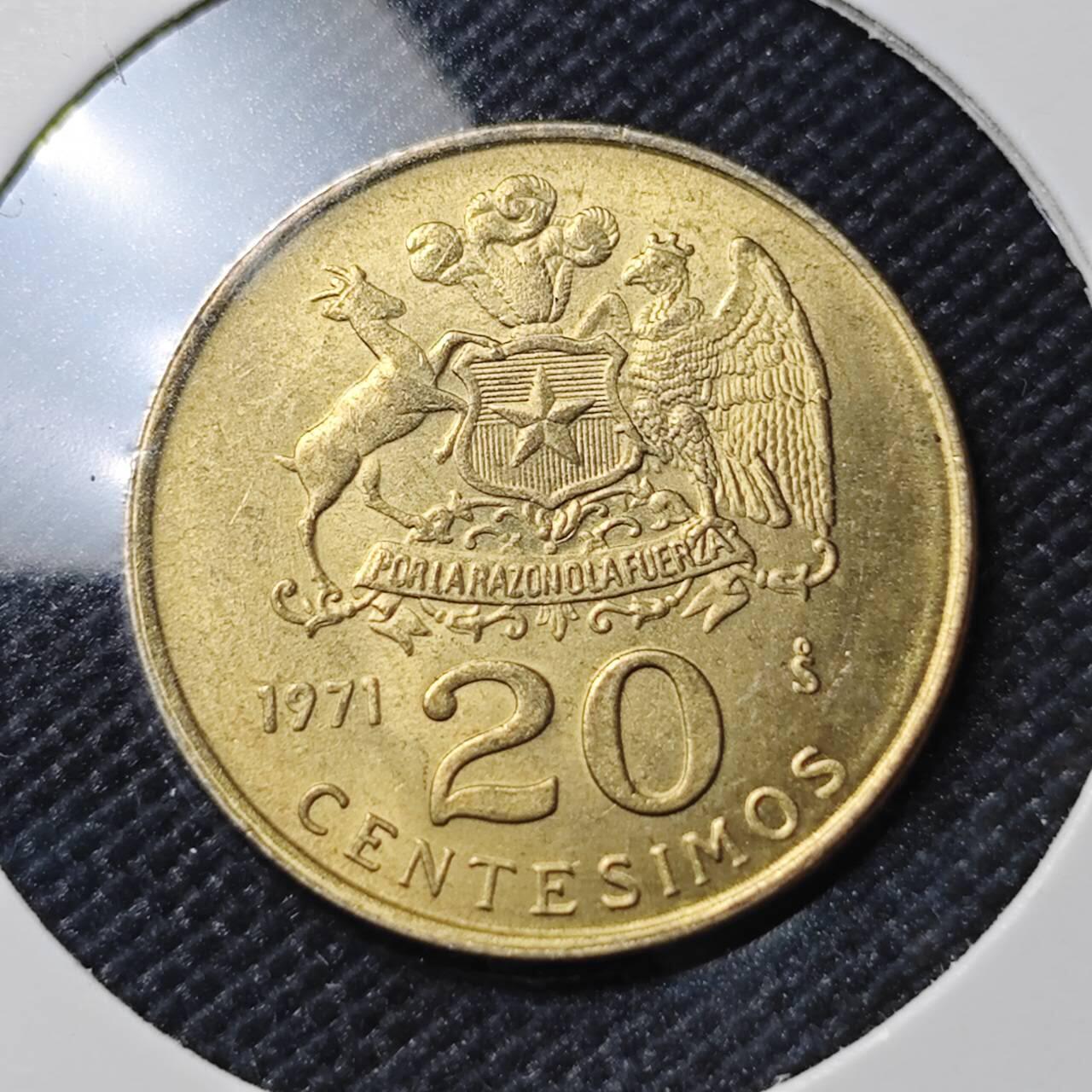 KK钱币收藏小铺  第390期  2月预留时间 周末发货 1971 智利20分铜币 好品