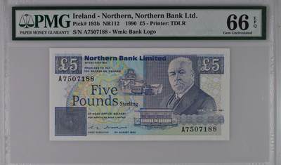 【炜奕收藏】，第五十八期，英属第三场 - 1990年北爱尔兰北方银行5镑，PMG66分，A冠号码无4双尾88