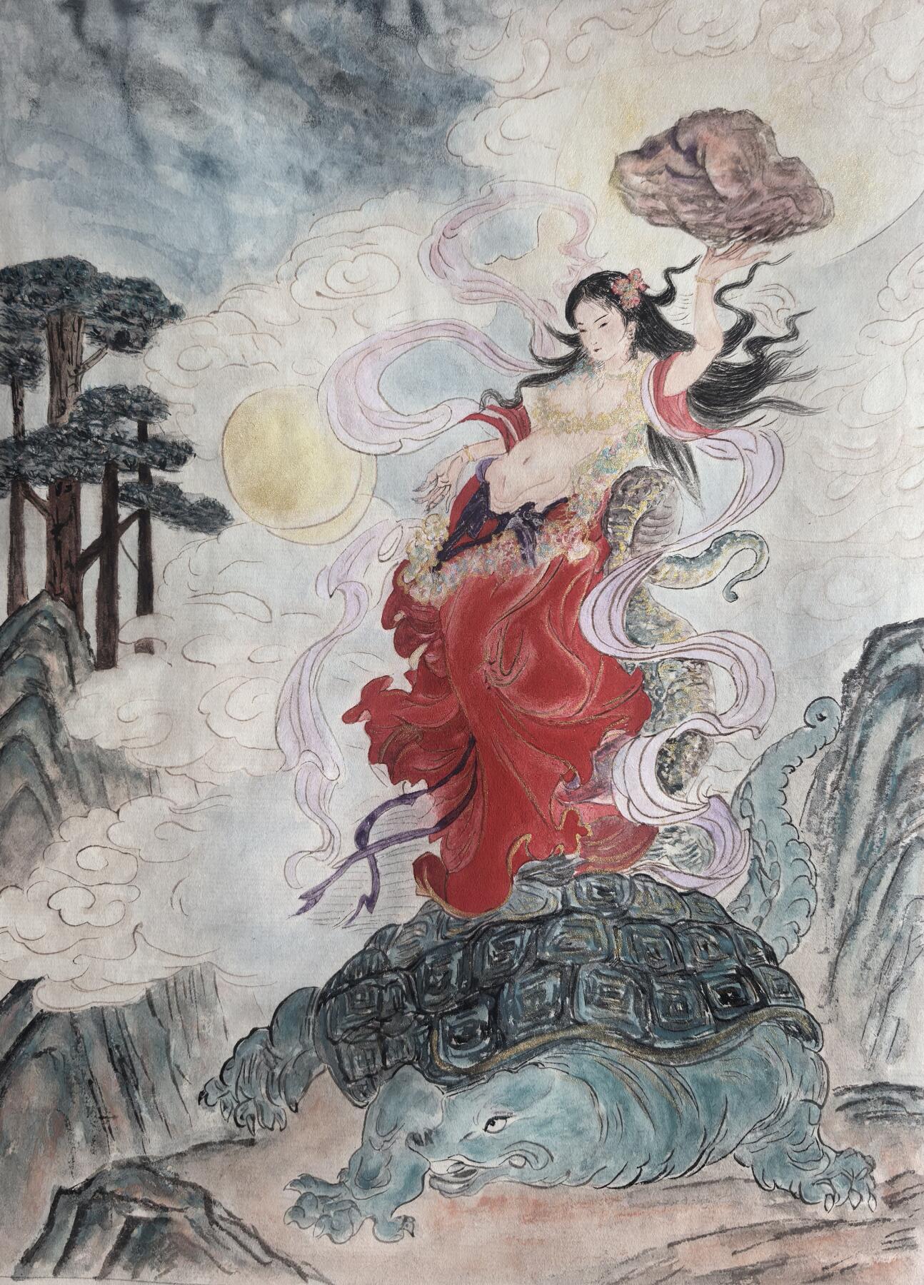 阳大大卡牌拍卖第96期（持续收拍品，周五晚上九点截拍，进群福利早知道） 【手绘画】工艺大师张红作品 女娲补天 A5原稿画芯 建议配框非常漂亮，书房必备