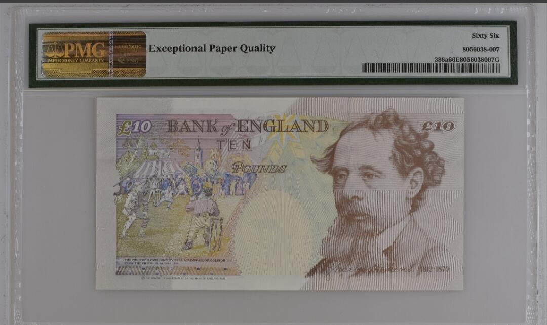 世界靓号纸钞第八十一期 1993年英国英格兰银行10镑 DD01再版首发冠 稀少小号 十位号54号 PMG66