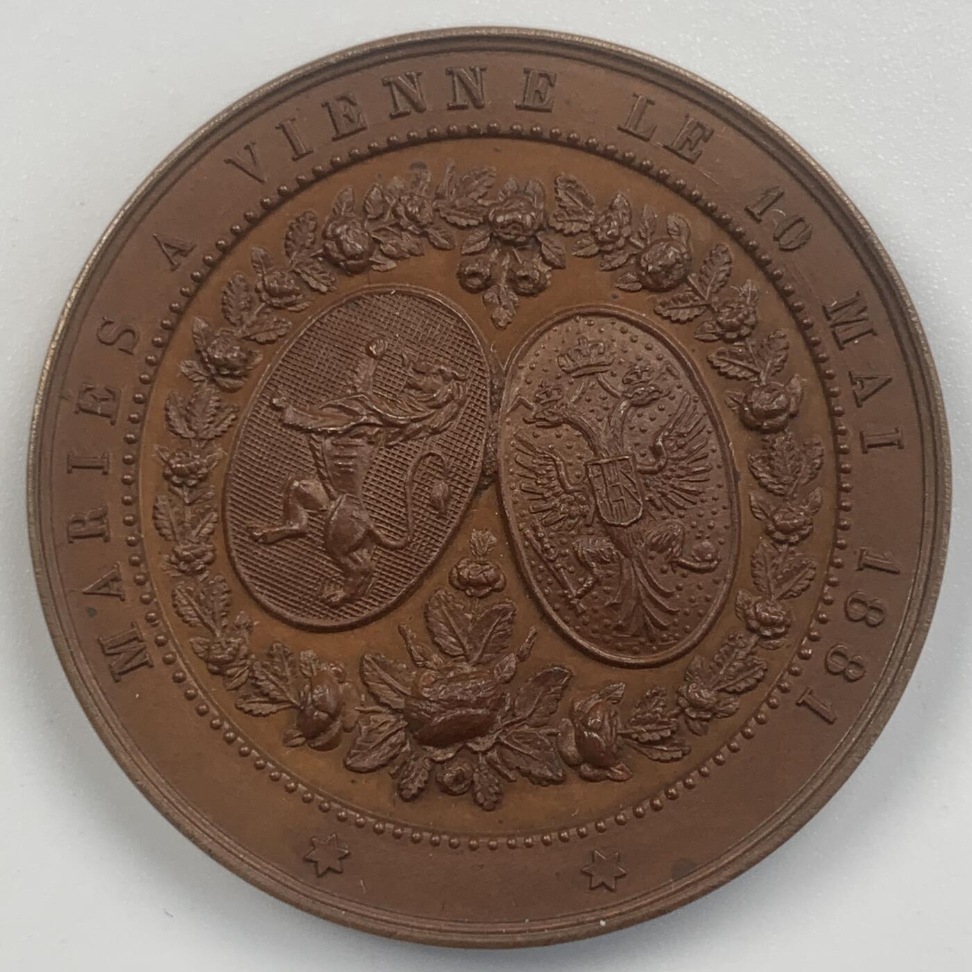 掌中浮雕-藏着的欧洲第051场 1881年奥匈帝国王子鲁道夫与比利时公主斯特凡娜结婚铜章 , Geerts雕刻，32mm