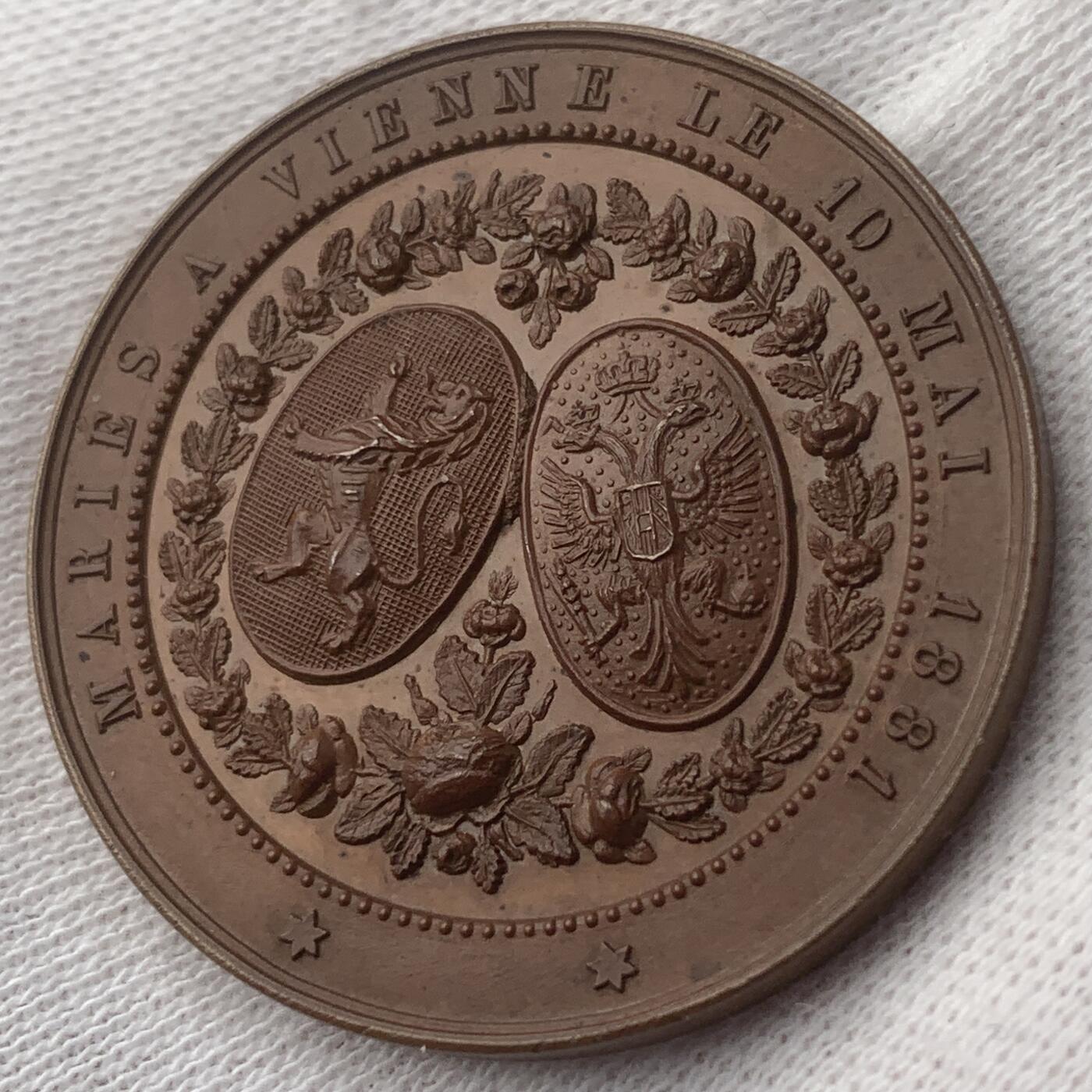 掌中浮雕-藏着的欧洲第051场 1881年奥匈帝国王子鲁道夫与比利时公主斯特凡娜结婚铜章 , Geerts雕刻，32mm