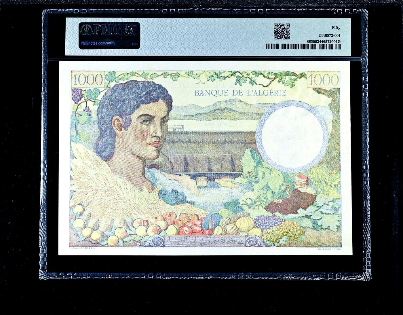 【Blue Auction】世界纸币精拍第780期——18级TOP拍卖/信誉/品质/专业/高效💫  【仅2张更高分 无全新存世 好品难遇】阿尔及利亚 1942年1000法郎 大票幅 农村风光唯美 一家三口很温馨 色彩艳丽 法属经典 PMG50状态佳无背标 值得收藏