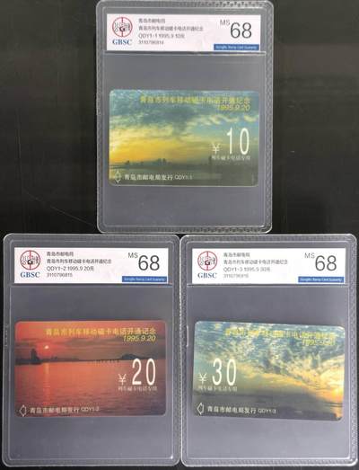 公藏第130期评级卡拍卖 - 山东太科卡（QDY1-1  青岛列车移动磁卡电话开通）3全公博68分。