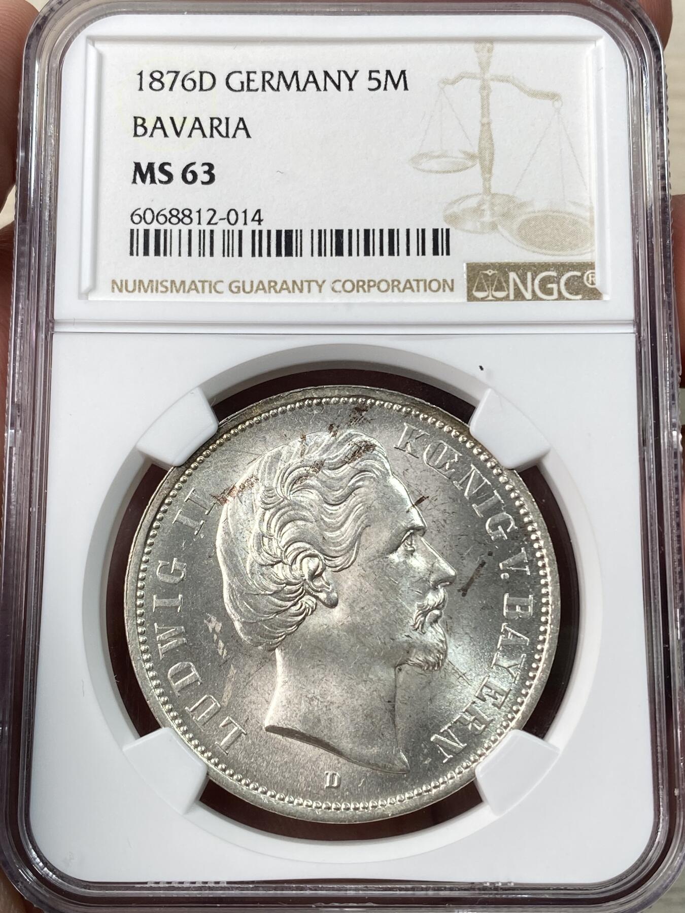 万国钱币拍卖第060期（万国六十期纪念大拍） NGC MS63 1876D德国巴伐利亚路德维希二世短翅5马克 初打细节锋利 银霜转光炸裂 好品难得一见的短翅大银品种 刚刚结束的日本环球拍卖同分成交价约合人民币1.4万元