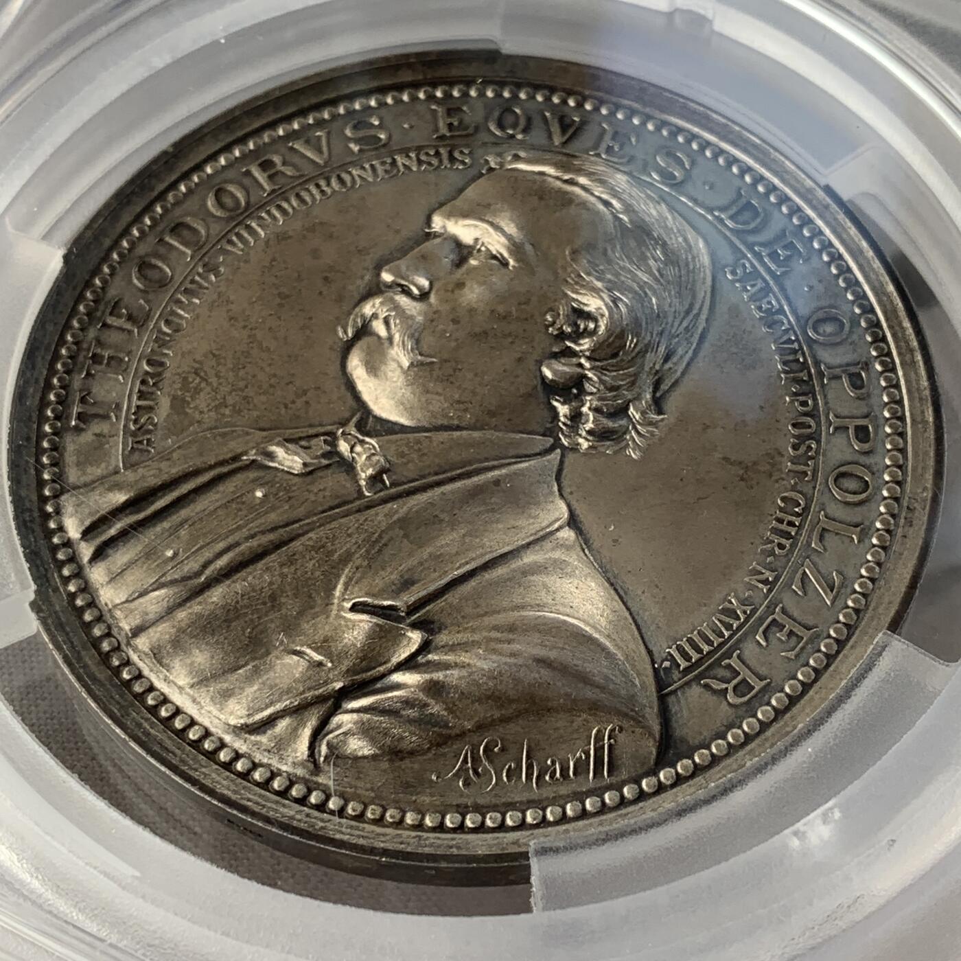 掌中浮雕-藏着的欧洲第051场 PCGS SP63 : 1887年奥地利数学家天文学家奥博尔策镀银铜章，66mm，大师安东沙夫作品
