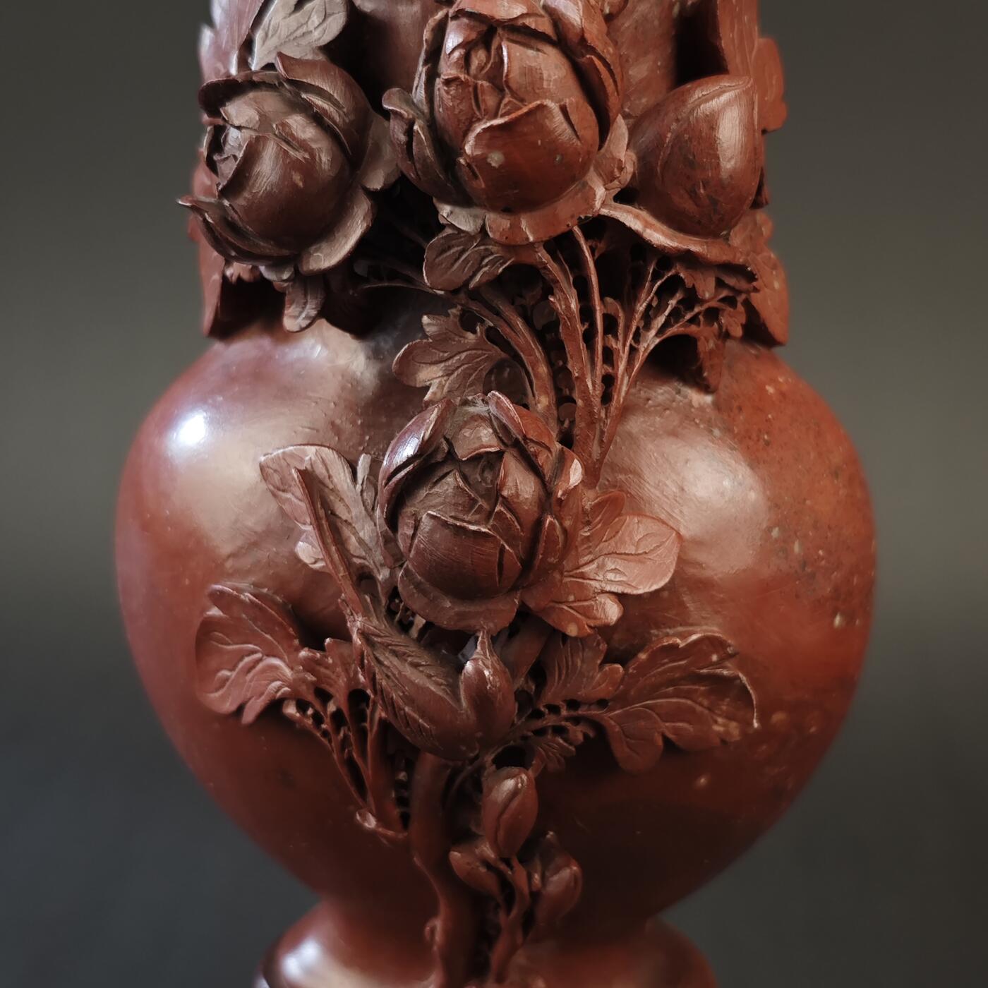 上海都达杂项专场九（全场包邮） 民国 寿山朱砂冻雕花卉瓶1-357