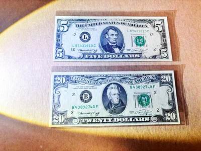 【Blue Auction】世界纸币精拍第780期——18级TOP拍卖/信誉/品质/专业/高效💫 - 【一组2张】美国 1974年5-20美金 AU品相