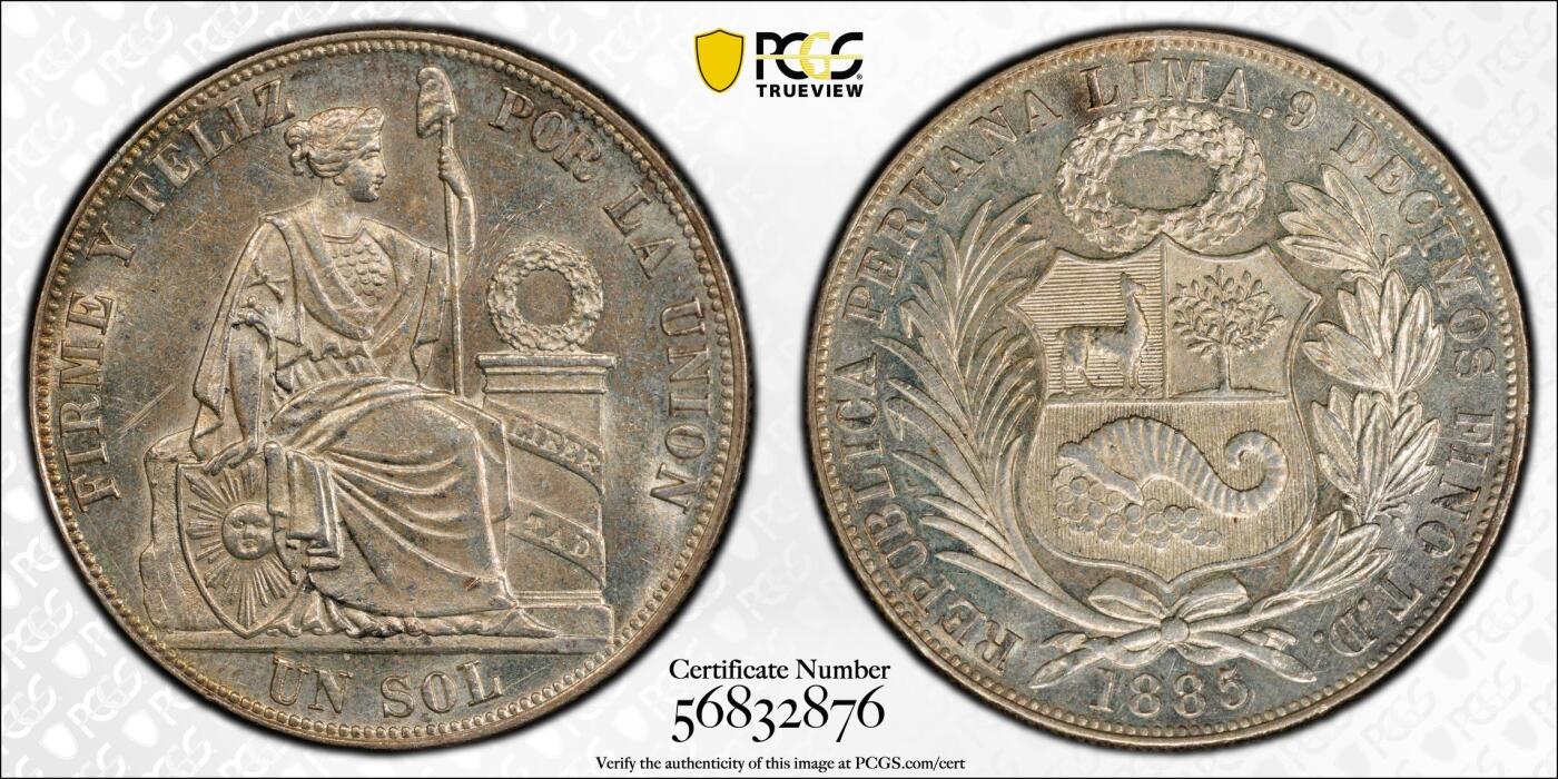 万国钱币拍卖第059期 PCGS MS62 1885年秘鲁坐人女神1索尔大银 深打转光收藏级品质