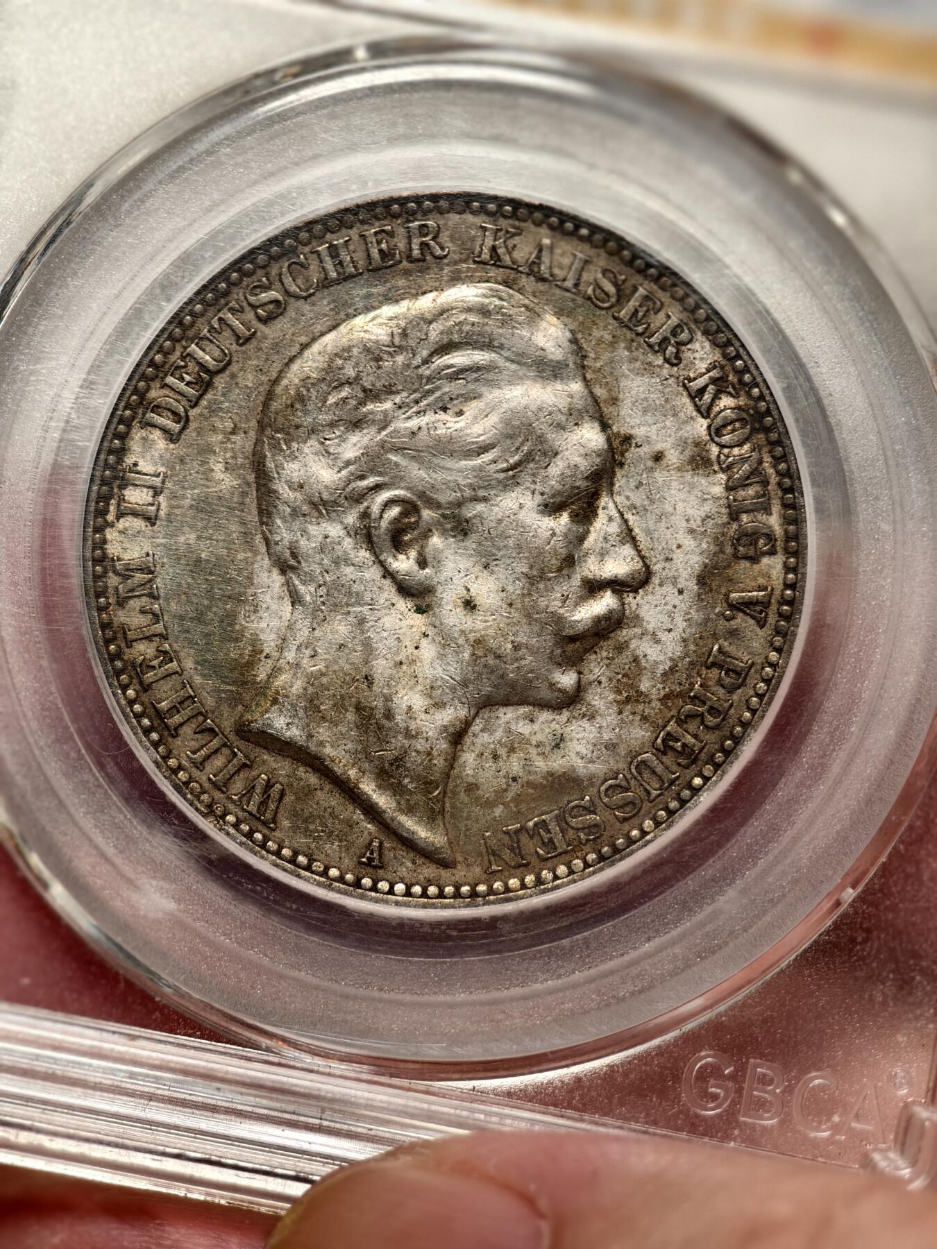 抚柳草堂-第十一期章牌钱币  奖章勋章限时免佣 满百包邮 放漏专场 1910德国3MARK银币 普鲁士王国威廉二世 老包浆好味道 公博au58盒子有磕碰 