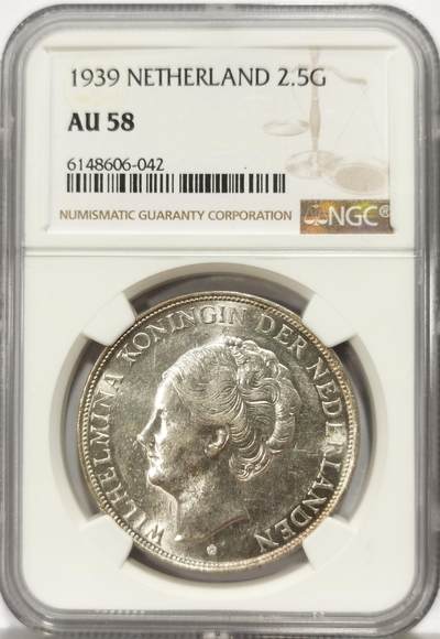 博洋堂世界钱币拍卖第159期（全场包邮） - NGC AU58 荷兰1939年2.5盾威廉明娜像大银币，近未流通好品相，记录传奇女王故事，细节清晰，收藏价值高