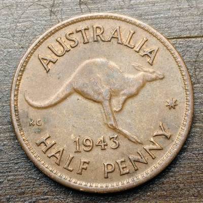 【铜匠收藏】★第142★散币专场 不寄存，30包邮。不满30元，支付5元运费。《接受代拍 代送NGC评级》 - 20【无寄存】澳大利亚 1943年 1/2便士 青铜币 伊丽莎白二世 袋鼠 