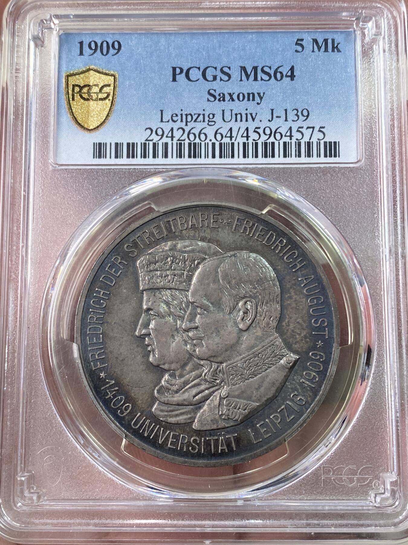 万国钱币拍卖第060期（万国六十期纪念大拍） PCGS MS64 1909萨克森莱比锡大学长翅5马克 经典品种 浓郁烟熏五彩极美 原味转光 收藏级品质
