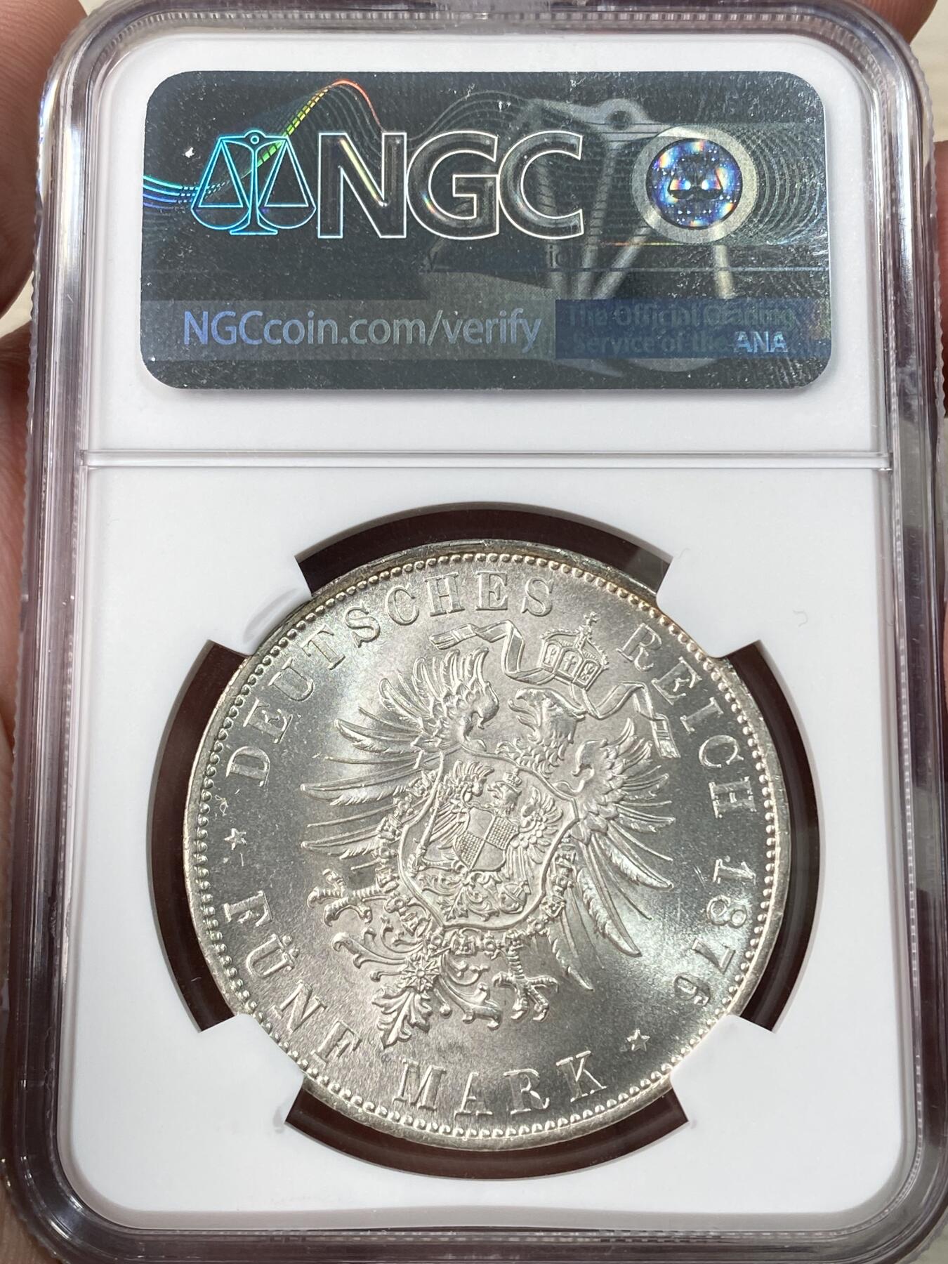 万国钱币拍卖第060期（万国六十期纪念大拍） NGC MS63 1876D德国巴伐利亚路德维希二世短翅5马克 初打细节锋利 银霜转光炸裂 好品难得一见的短翅大银品种 刚刚结束的日本环球拍卖同分成交价约合人民币1.4万元