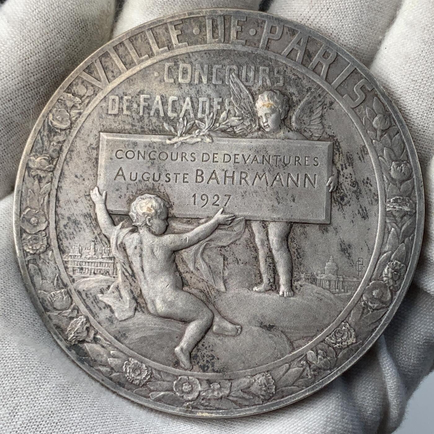 掌中浮雕-藏着的欧洲第051场 法国新艺术镀银大铜章《巴黎建筑设计大赛》， 71mm ， 作者: ch.Pillet  