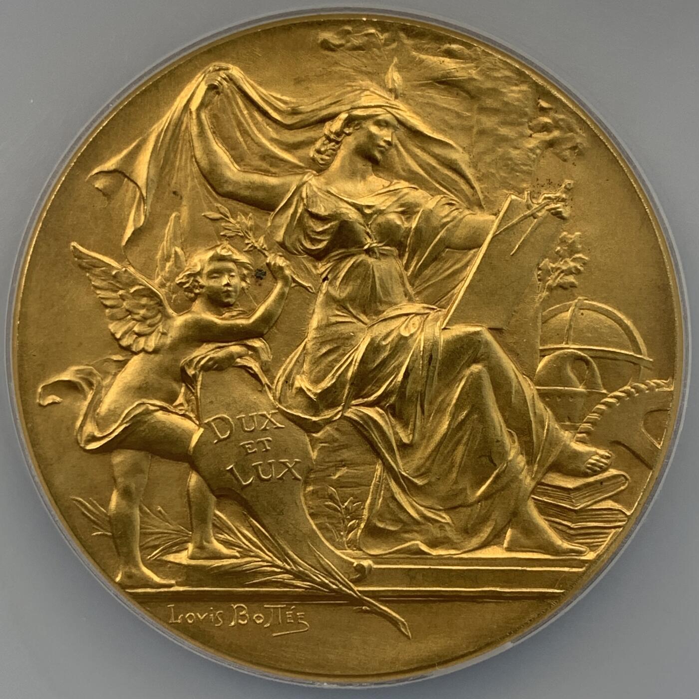 掌中浮雕-藏着的欧洲第051场 NGC MS64 : 1898年法国向科学致敬镀金铜奖章，51mm