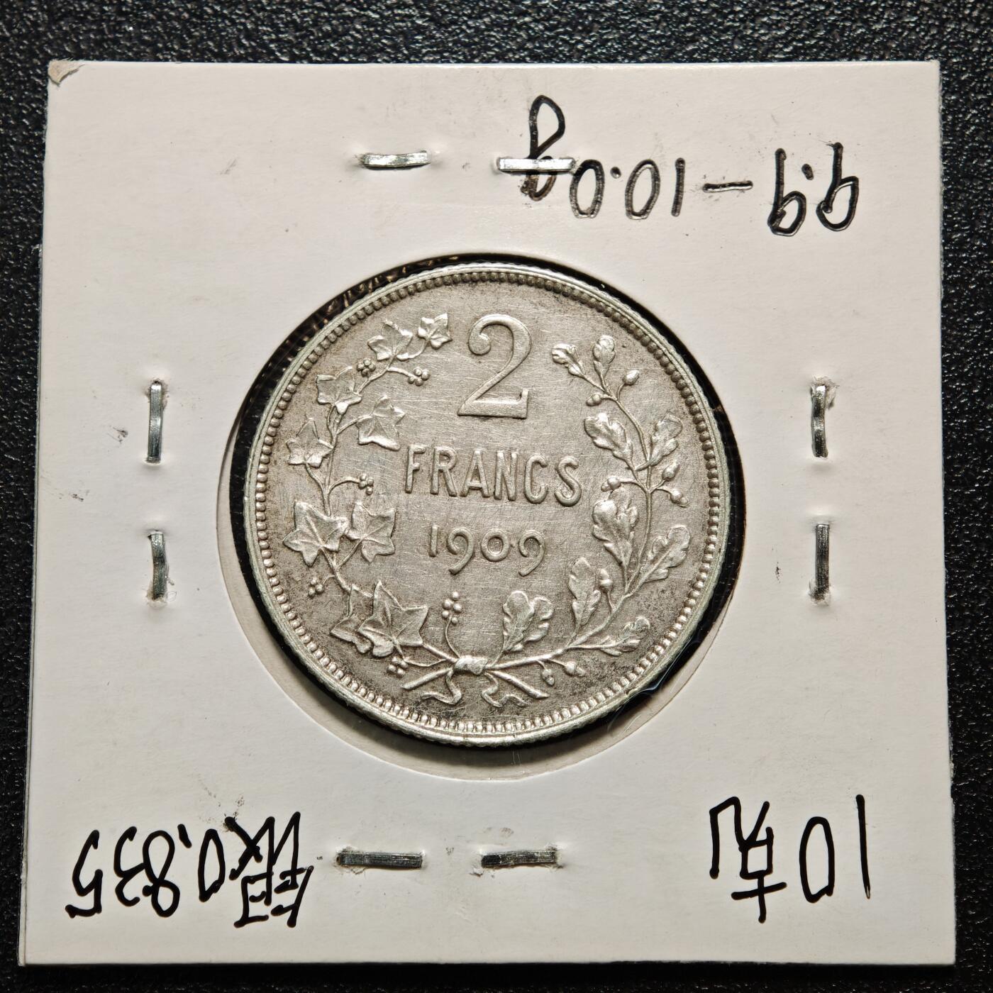 【德藏】世界币章拍卖第163期（拍品征集中~欢迎藏友联系） 老藏家集藏系列之- 1909年 比利时利奥波德二世2法郎银币 835银 直径约：27mm；重约：10g 入册20余年·附有当年购入价 