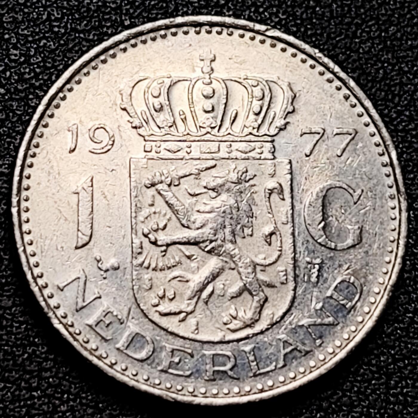 泉币菌-第176场- 精品福利场 1977年 荷兰王国早期1盾 朱莉安娜女王  镍币 硬币 25mm 