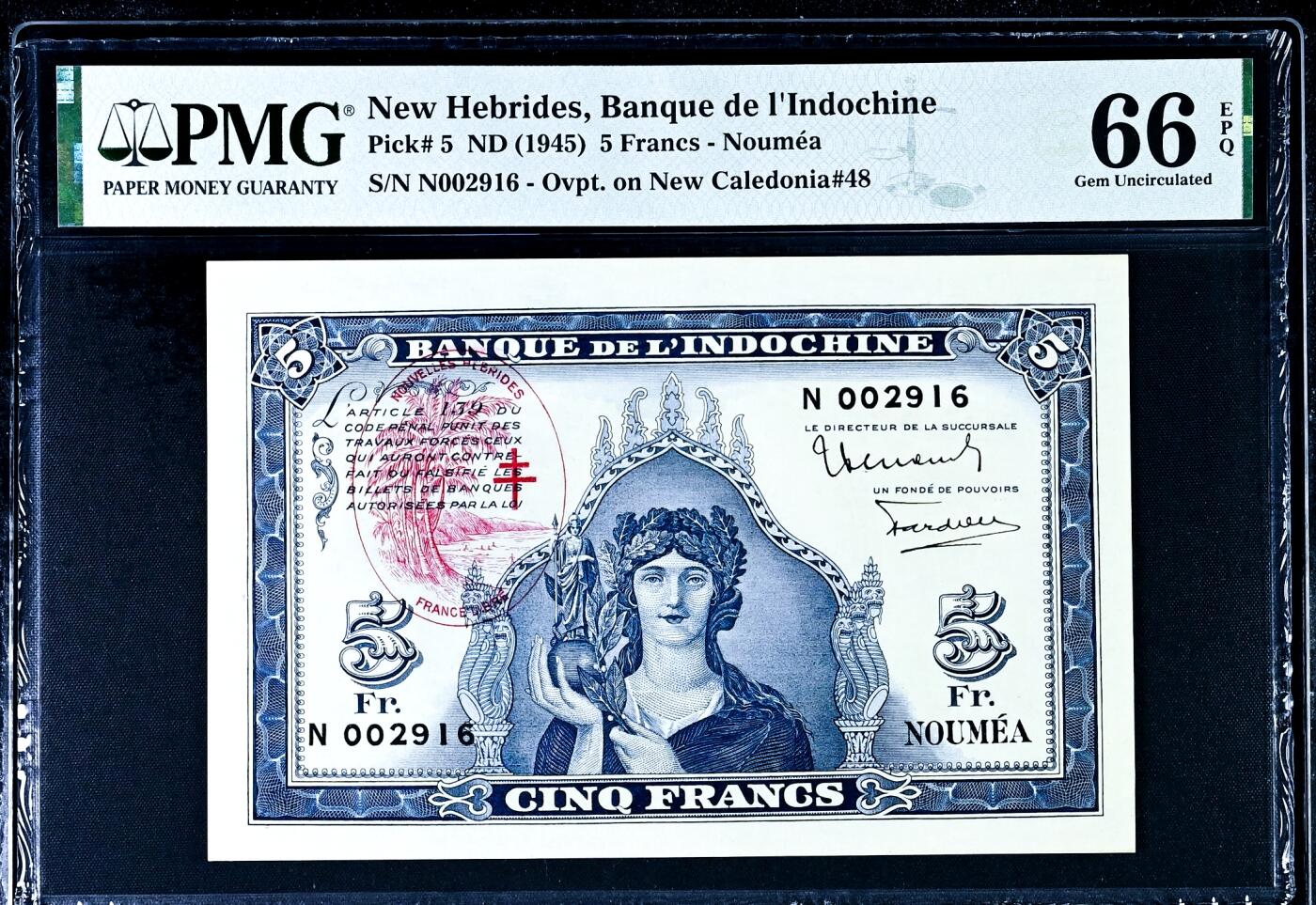 【Blue Auction】世界纸币精拍第780期——18级TOP拍卖/信誉/品质/专业/高效💫 【千位小号无47 早期p5实钞高分少见 仅1张更高分】新赫布里底 1945年5法郎 胜利女神雕刻精美 非常有特色 背面经典四面佛 PMG66EPQ （2年前一张65分的拍了1560美金）