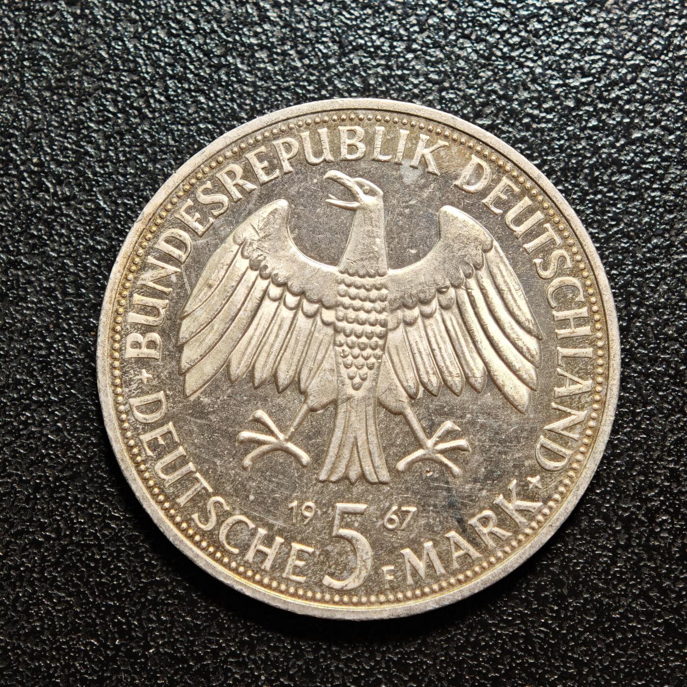 【德藏】世界币章拍卖第163期（拍品征集中~欢迎藏友联系） 1967年 德国科学家威廉和亚历山大·冯·洪堡5马克纪念银币 直径约29：mm；重约：11.2g