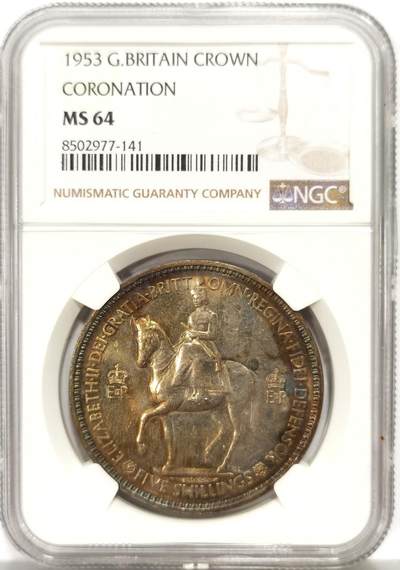 博洋堂世界钱币拍卖第159期（全场包邮） - NGC MS64 英国1953伊丽莎白二世登基纪念克朗，漂亮五彩包浆，保存状态良好。