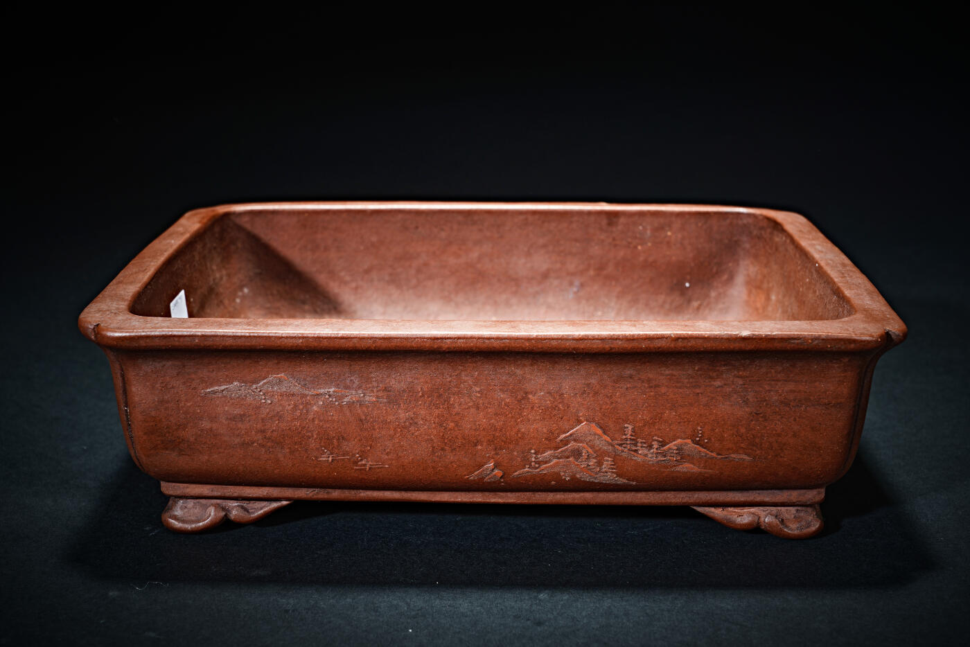 上海都达杂项专场九（全场包邮） 吴小卫制 紫砂贴花山水云头纹四足花盆1-425