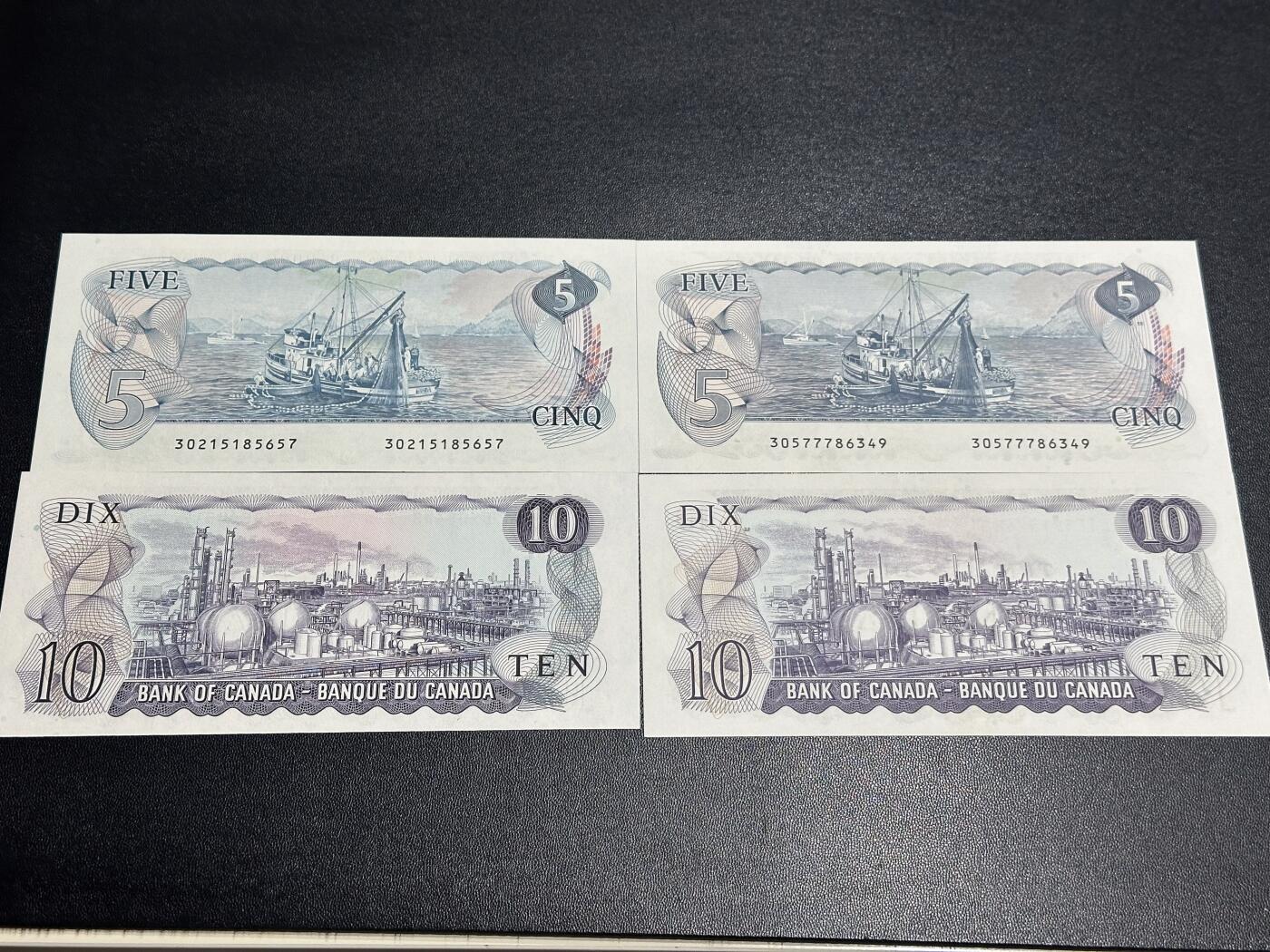 《外钞收藏家》第六百零五期（精选场）（本平台长期征集拍品、欢迎藏友们联系合作） 加拿大景观版5和10元 不同签名2对 全新UNC