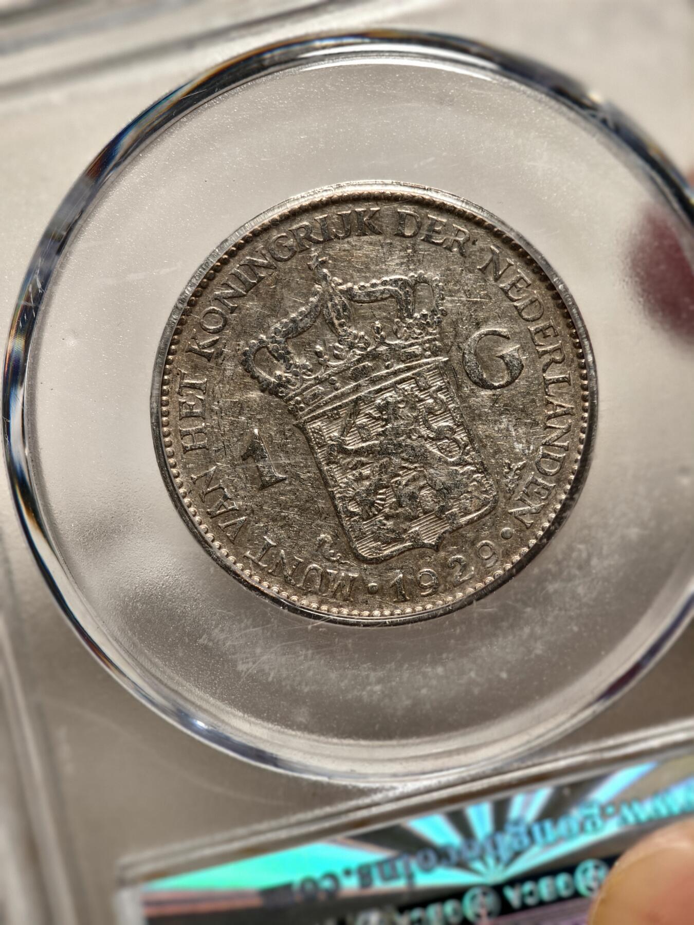 抚柳草堂-第十一期章牌钱币  奖章勋章限时免佣 满百包邮 放漏专场 1929荷兰王国1GULDEN银币 威廉敏娜女王 公博au50细节漂亮压力足