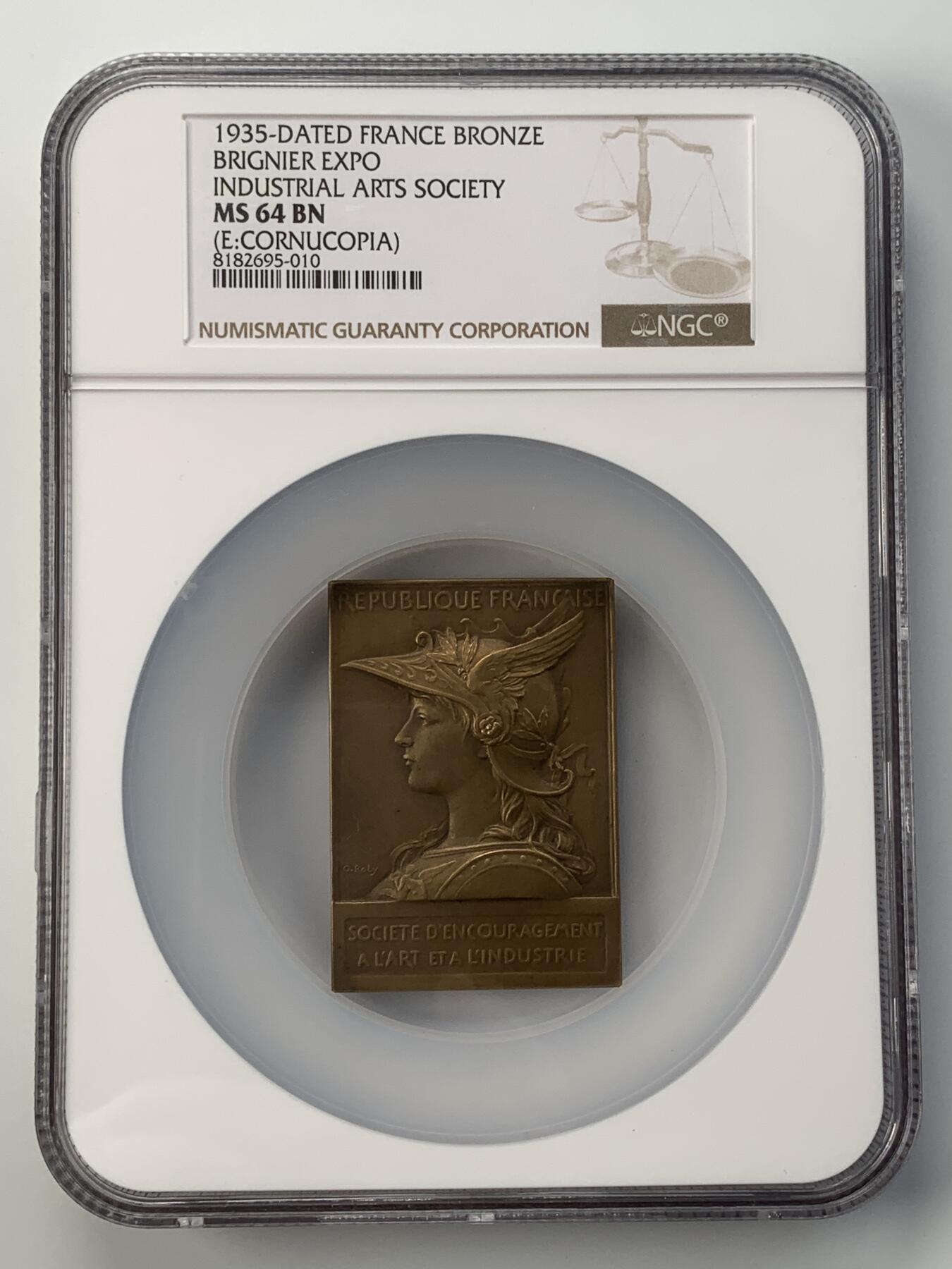 掌中浮雕-藏着的欧洲第051场 NGC MS64:1935年法国戎装玛丽安娜女神铜章，42*59mm，大师罗蒂作品