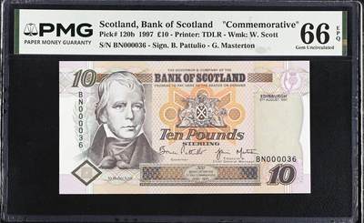 【炜奕收藏】，第五十八期，英属第三场 - 1997年苏格兰银行10镑，PMG66分新壳，号码无47十位小号，稀少年份，亚军分仅两张更高分