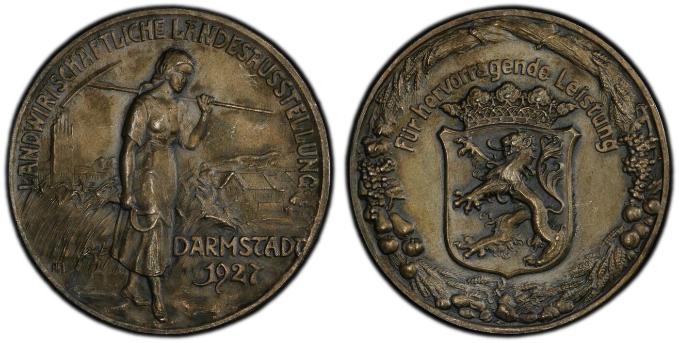 万国钱币拍卖第059期 PCGS SP64 1927年德国魏玛共和国黑森-达姆施塔特农业博览会纪念大银章 罕见小邦农业展磨砂工艺大银章 PC唯一冠军